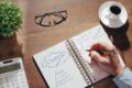 Person am Schreibtisch mit Businessplan und Unterlagen für Gründungszuschuss