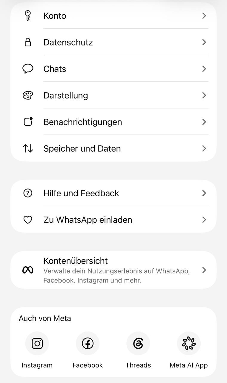 WhatsApp Einstellungen Menü auf dem iPhone – Konto, Datenschutz, Chats und mehr