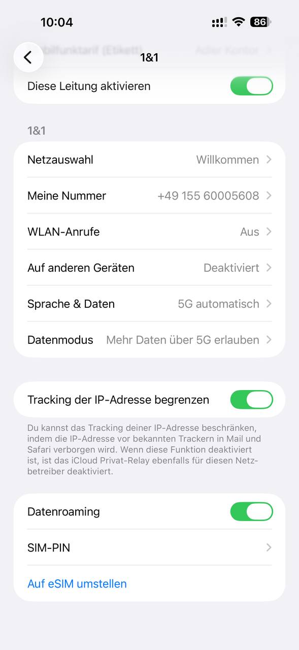 iPhone 1&1 SIM-Einstellungen mit Option Auf eSIM umstellen