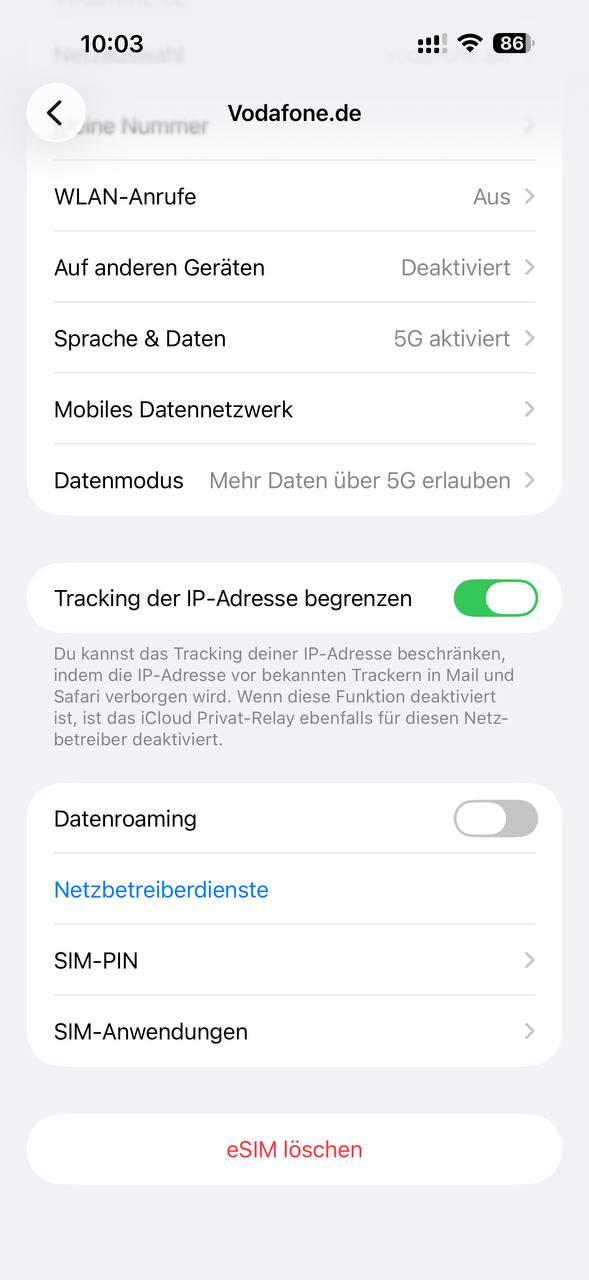 iPhone Vodafone eSIM Einstellungen mit Button eSIM löschen