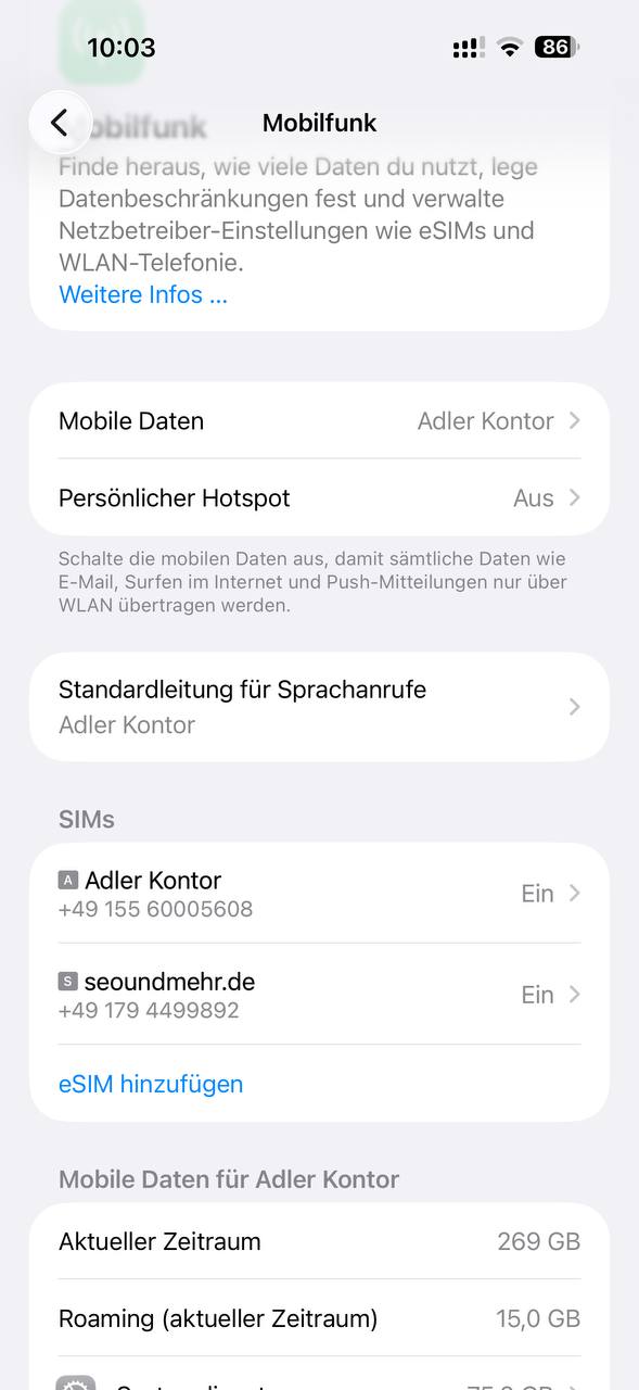 iPhone Einstellungen Mobilfunk: physische SIM und eSIM gleichzeitig aktiv