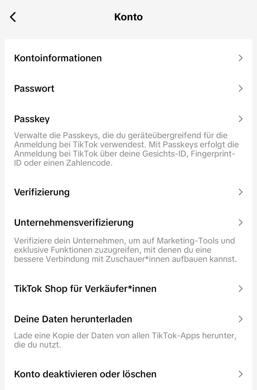 TikTok Konto-Einstellungen mit Option Konto deaktivieren oder löschen