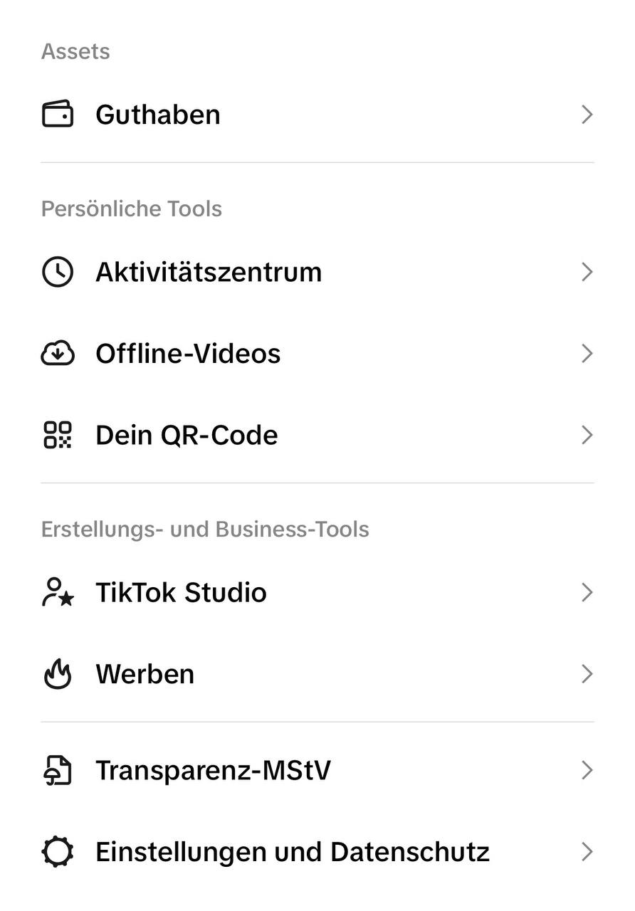 TikTok App Menü mit Einstellungen und Datenschutz Option