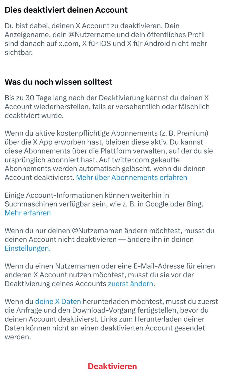 X Deaktivierungsseite mit Hinweisen zur Kontolöschung