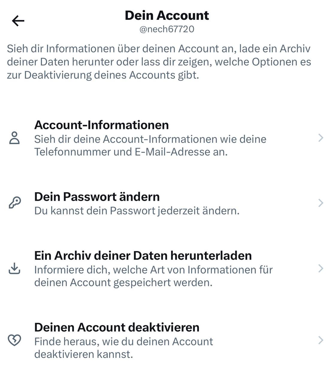 X Account-Seite mit Option Deinen Account deaktivieren
