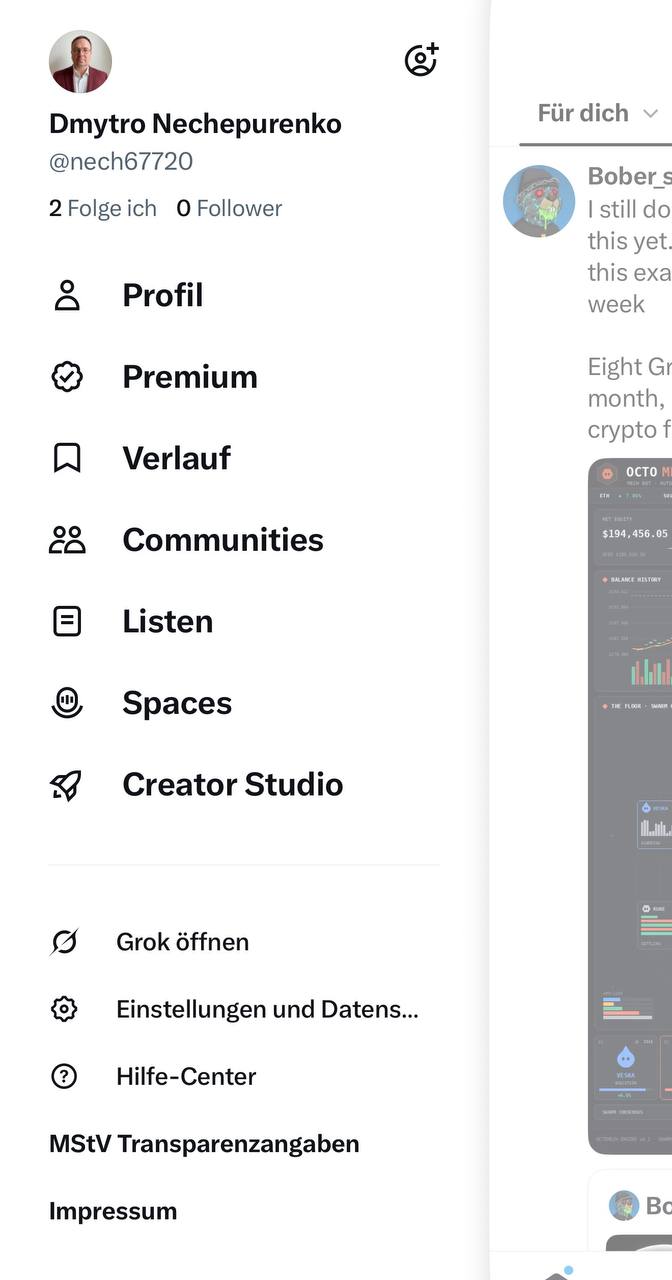 X App Menü mit Einstellungen und Datenschutz Option